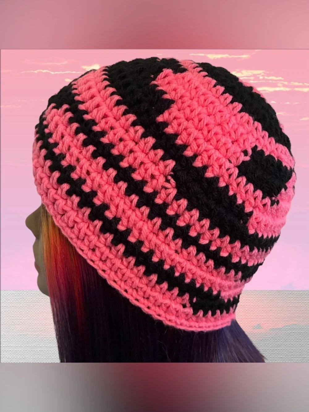 Handmade Black & Pink Crochet Beanie - Women’s Winter Hat